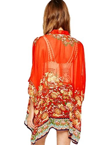 olrain Women's Floral Print Sheer Chiffon 3/4 Bat Sleeve Casual Loose Kimono Cardigan Capes (Large, Red) - Image 2