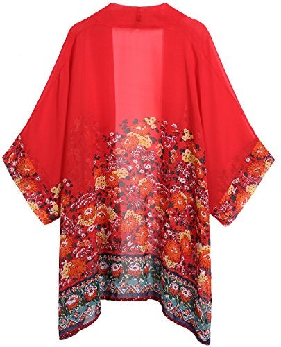 olrain Women's Floral Print Sheer Chiffon 3/4 Bat Sleeve Casual Loose Kimono Cardigan Capes (Large, Red) - Image 4