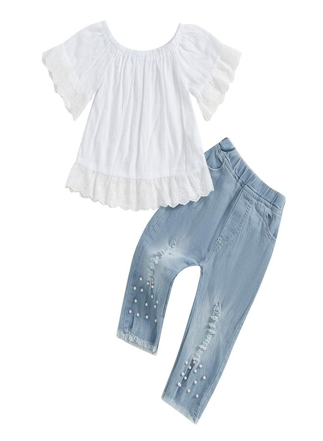 Honganda Toddler Baby Girl Outfit Lace Trim Short Sleeve Shirt + Pearls Decor Elastic Waist Jean Pants 2Pcs Clothes Set (White, 5-6 Years) - Image 1