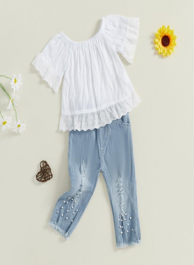 Honganda Toddler Baby Girl Outfit Lace Trim Short Sleeve Shirt + Pearls Decor Elastic Waist Jean Pants 2Pcs Clothes Set (White, 5-6 Years) - Image 3
