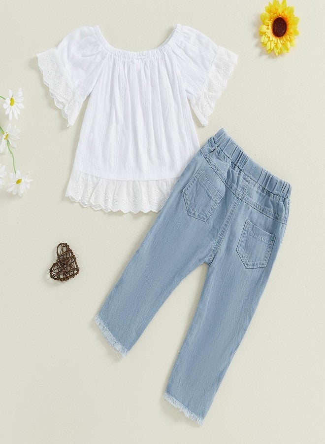 Honganda Toddler Baby Girl Outfit Lace Trim Short Sleeve Shirt + Pearls Decor Elastic Waist Jean Pants 2Pcs Clothes Set (White, 5-6 Years) - Image 4