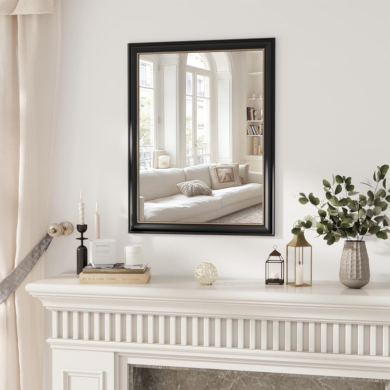 Axeman 28x36 Rectangular Wall Mirror, Decorative Bathroom Mirror, Traditional Vintage Wall Mounted Mirror with Beaded Frame for Accent Living Room Vanity Bedroom Entryway, Black - Image 1