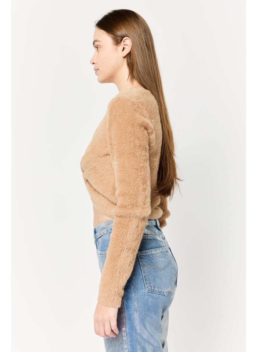 Aerie Women Plunging Neck Textured Sweater, Brown  - Image 3