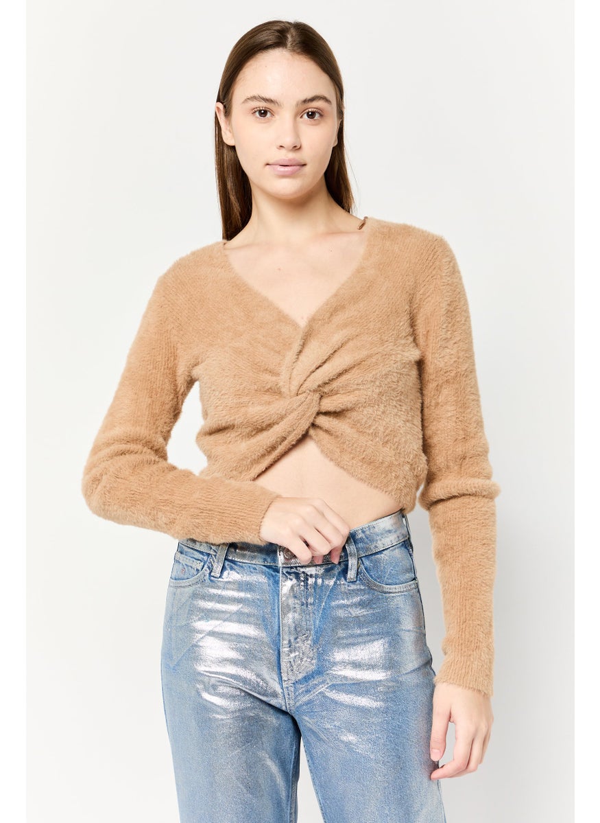 Aerie Women Plunging Neck Textured Sweater, Brown  - Image 1