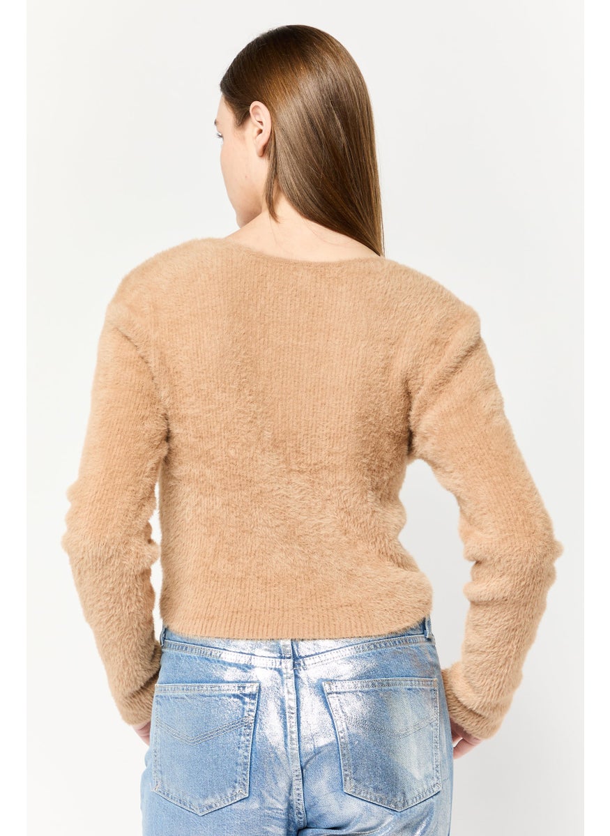 Aerie Women Plunging Neck Textured Sweater, Brown  - Image 4