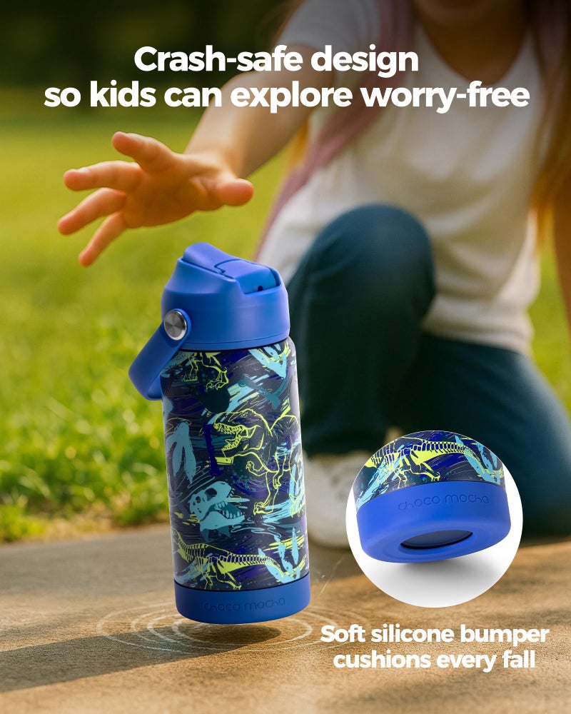 Choco Mocha Kids Dinosaur Water Bottle For School, Kids Insulated Water Bottle Stainless Steel for Boys, 14Oz Blue Dinosaur - Image 3