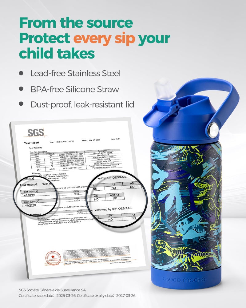 Choco Mocha Kids Dinosaur Water Bottle For School, Kids Insulated Water Bottle Stainless Steel for Boys, 14Oz Blue Dinosaur - Image 5