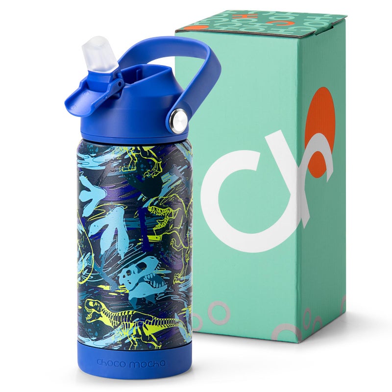 Choco Mocha Kids Dinosaur Water Bottle For School, Kids Insulated Water Bottle Stainless Steel for Boys, 14Oz Blue Dinosaur - Image 1