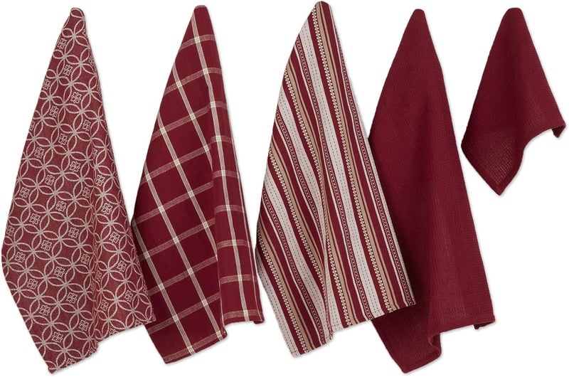 DII Assorted Woven Kitchen Set, Dishtowel, 18x28, Dishcloth, 13x13, Wine, 5 Piece Popular trusted craftsmanship - Image 1