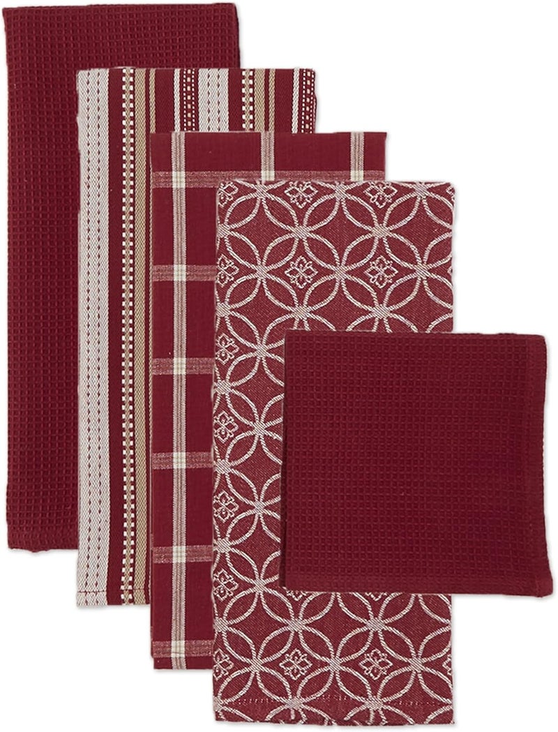 DII Assorted Woven Kitchen Set, Dishtowel, 18x28, Dishcloth, 13x13, Wine, 5 Piece Popular trusted craftsmanship - Image 2