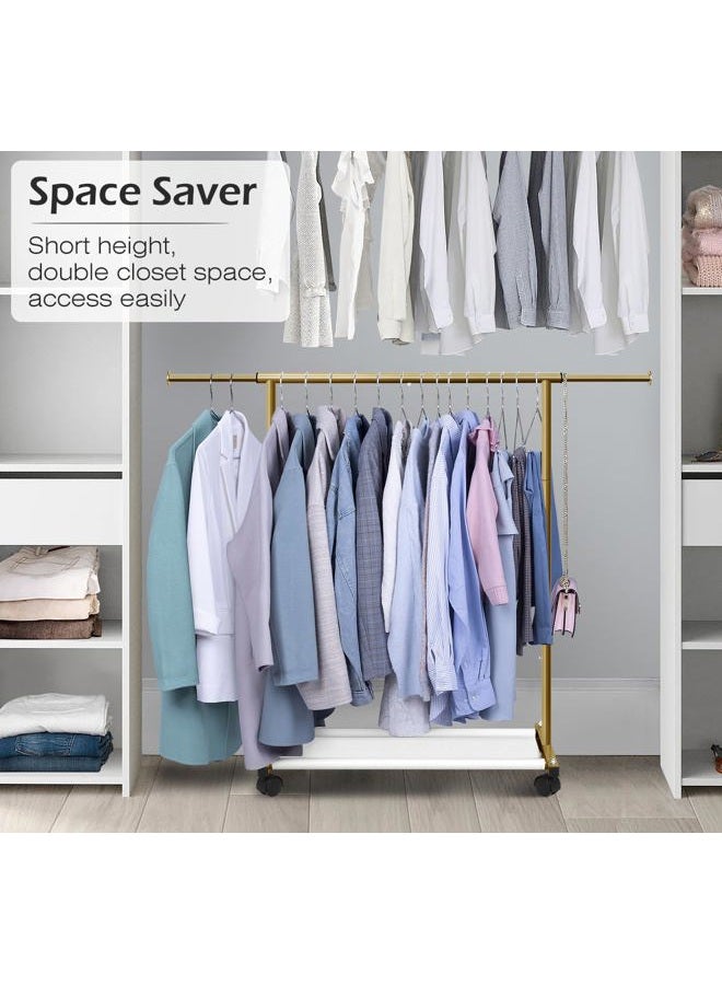 MISSLO Short Clothing Racks for Hanging Clothes with Bottom Shelves and Wheels Heavy Duty Rolling Clothes Rack Kids Clothing Rack for Adult Coat, Closet, Wardrobe (Gold) - Image 2