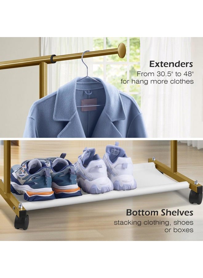 MISSLO Short Clothing Racks for Hanging Clothes with Bottom Shelves and Wheels Heavy Duty Rolling Clothes Rack Kids Clothing Rack for Adult Coat, Closet, Wardrobe (Gold) - Image 5