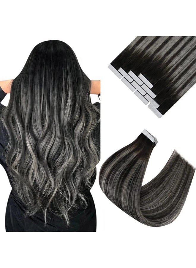 Ve Sunny - Ombre Tape In Hair Extensions Real Human Hair Black Tape In Natural Hair Extensions Balayage Natural Black Ombre Silver Grey Tape In Extensions Black Ombre 25G 10Pcs 24Inch - Image 1