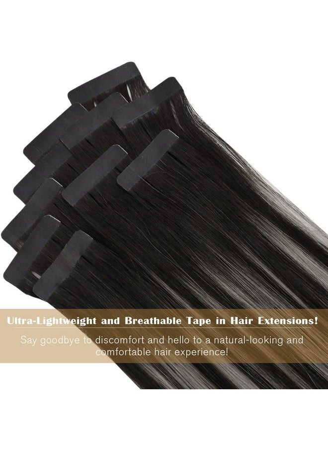 Ve Sunny - Ombre Tape In Hair Extensions Real Human Hair Black Tape In Natural Hair Extensions Balayage Natural Black Ombre Silver Grey Tape In Extensions Black Ombre 25G 10Pcs 24Inch - Image 1
