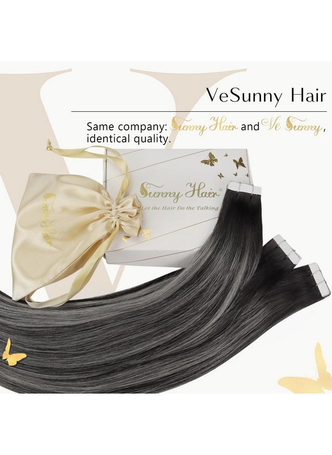 Ve Sunny - Ombre Tape In Hair Extensions Real Human Hair Black Tape In Natural Hair Extensions Balayage Natural Black Ombre Silver Grey Tape In Extensions Black Ombre 25G 10Pcs 24Inch - Image 1