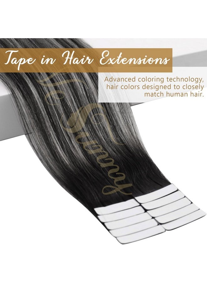 Ve Sunny - Ombre Tape In Hair Extensions Real Human Hair Black Tape In Natural Hair Extensions Balayage Natural Black Ombre Silver Grey Tape In Extensions Black Ombre 25G 10Pcs 24Inch - Image 1