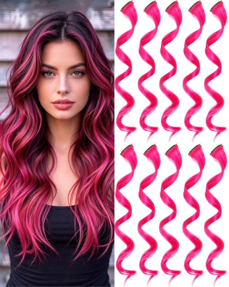 Olldag 10 PCS Hot Pink Hair Extensions Clip in Party Highlights Colored Hair Extensions Hairpiece Curly for Women 17 Inch - Image 2