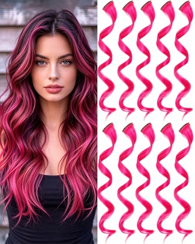 Olldag 10 PCS Hot Pink Hair Extensions Clip in Party Highlights Colored Hair Extensions Hairpiece Curly for Women 17 Inch - Image 1