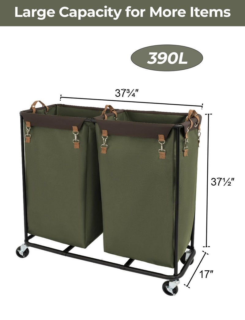 StorageWorks 390L Extra Large Laundry Hamper with Wheels, 2 Sections Laundry Basket with Wheels, Clothes Sorter Cart with Divider for Hotel, Home, Green, 37.75"L x 17"W x 37.5"H - Image 2
