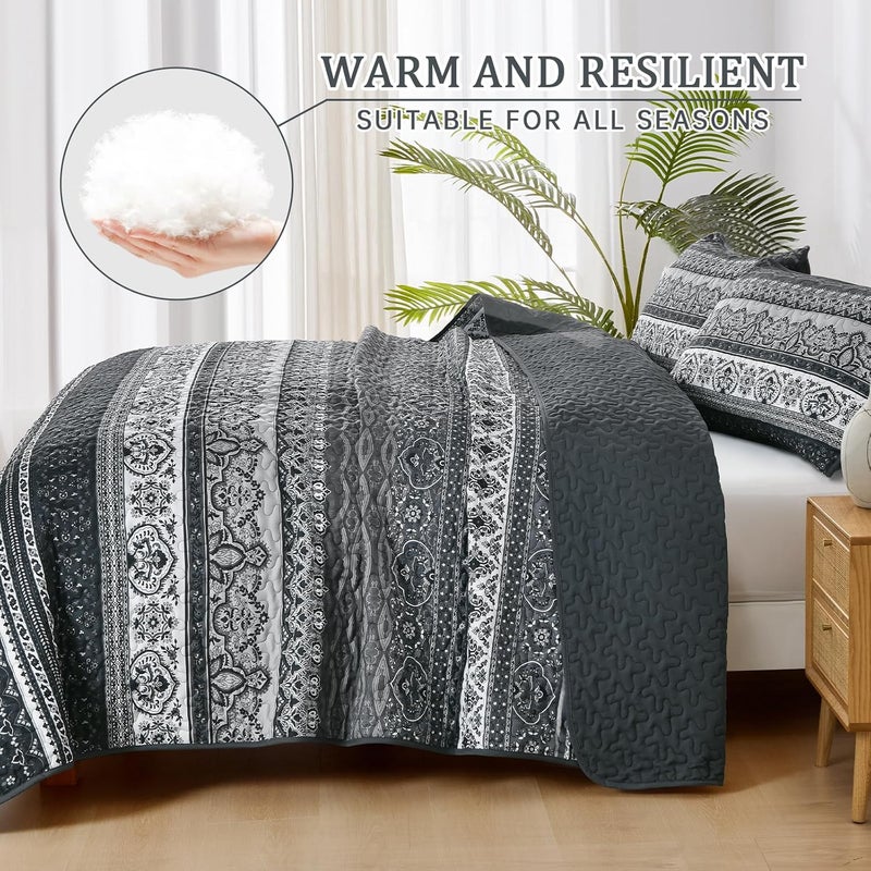WONGS BEDDING مجموعة أغطية الأسرّة بأسلوب البوهو من WONGS، حجم كوين، لون أسود، مجموعة أغطية أسرّة بأسلوب البوهو، غطاء سرير خفيف من القطن الميكروفيبر قابل للتحويل، مناسب لجميع المواسم، مقاس 96" × 90" (3 قطعة) - Image 3