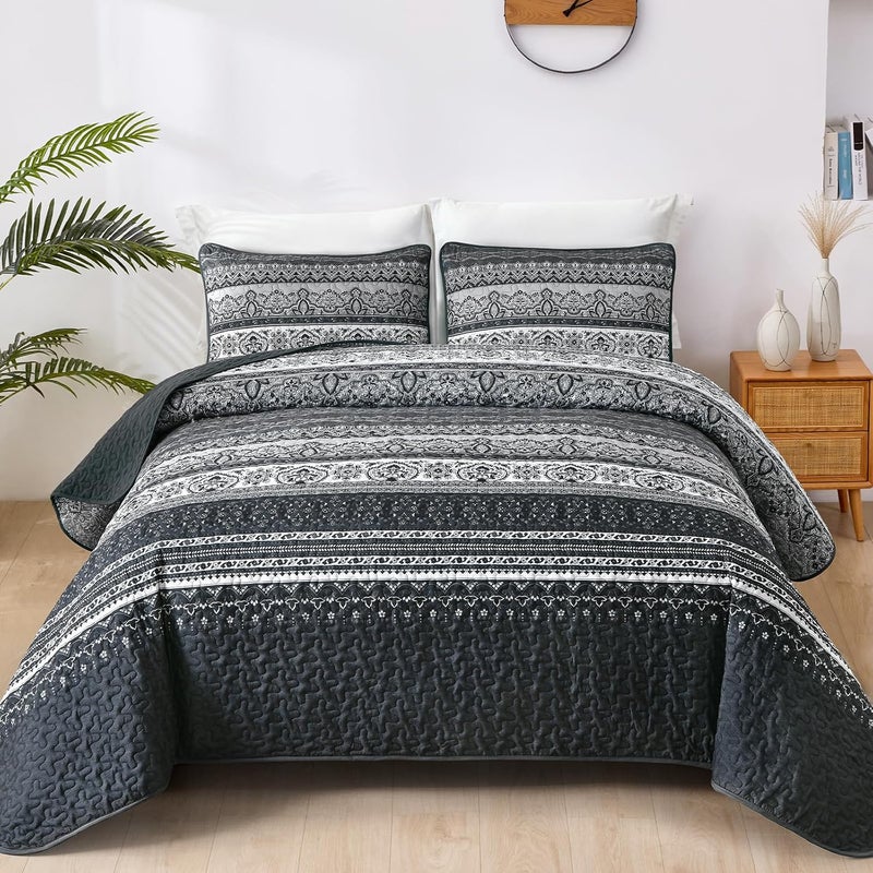 WONGS BEDDING مجموعة أغطية الأسرّة بأسلوب البوهو من WONGS، حجم كوين، لون أسود، مجموعة أغطية أسرّة بأسلوب البوهو، غطاء سرير خفيف من القطن الميكروفيبر قابل للتحويل، مناسب لجميع المواسم، مقاس 96" × 90" (3 قطعة) - Image 1