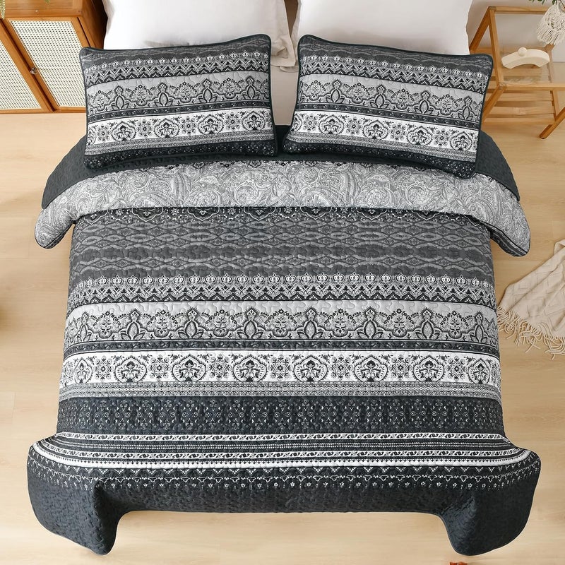 WONGS BEDDING مجموعة أغطية الأسرّة بأسلوب البوهو من WONGS، حجم كوين، لون أسود، مجموعة أغطية أسرّة بأسلوب البوهو، غطاء سرير خفيف من القطن الميكروفيبر قابل للتحويل، مناسب لجميع المواسم، مقاس 96" × 90" (3 قطعة) - Image 5