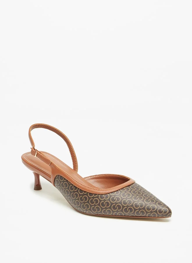 Celeste Women's All-Over Monogram Print Pumps with Buckle Closure and Kitten Heels