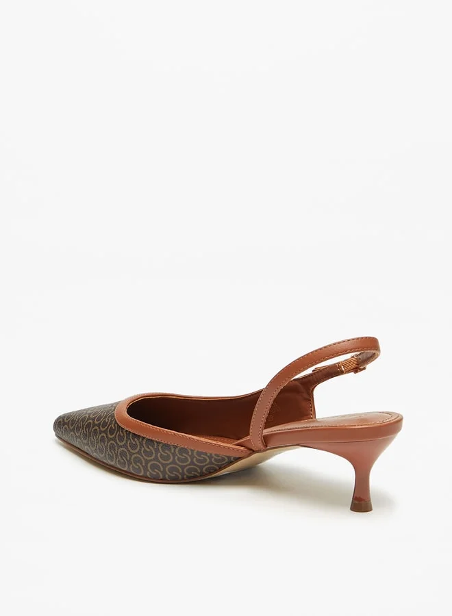 Celeste Women's All-Over Monogram Print Pumps with Buckle Closure and Kitten Heels