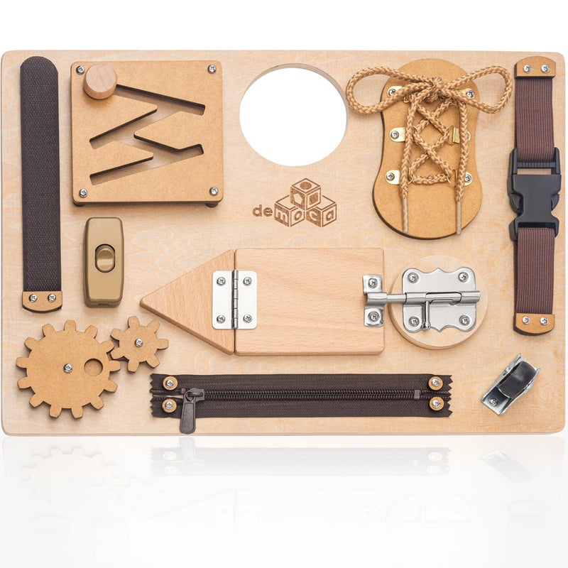 Montessori Busy Board for Toddlers Premium Wooden Toddler Busy Board for 1 2 3 Year Old with 10 Educational Activities for Fine Motor Skills Sensory Activity Toy for Travel Gift for Boys Girls