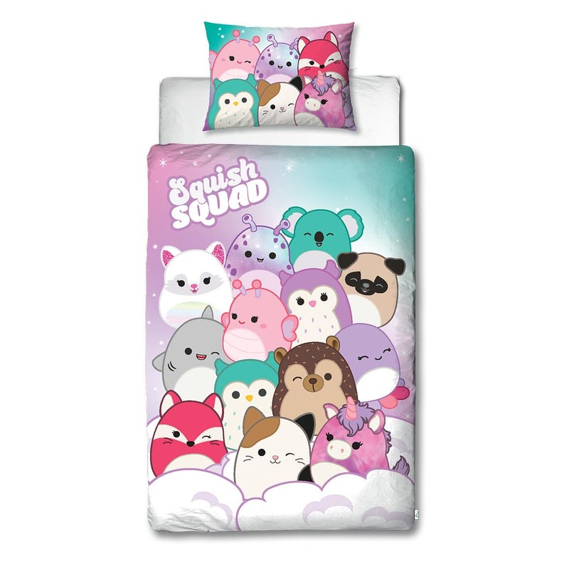 مجموعة غطاء لحاف مفرد بتصميم ساطع مرخص رسميًا من Squishmallows مع شخصيات Squish Squad قابلة للعكس من الجانبين تشمل غطاء وسادة متطابق مثالي لغرفة نوم الأطفال من بولي قطن