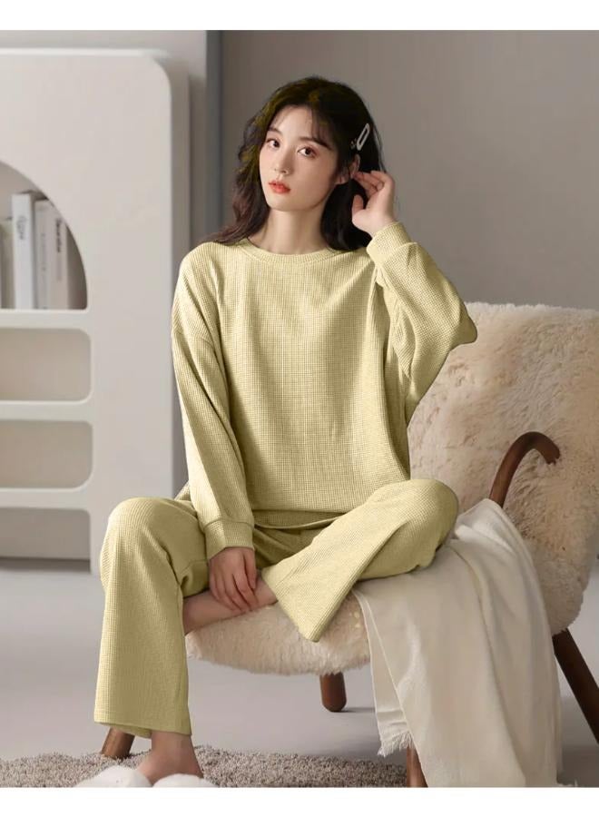 Solid Waffle Loose Fit Pajama Set Simple Drop Shoulder Long Sleeve Round Neck Top and Elastic Pants T-93