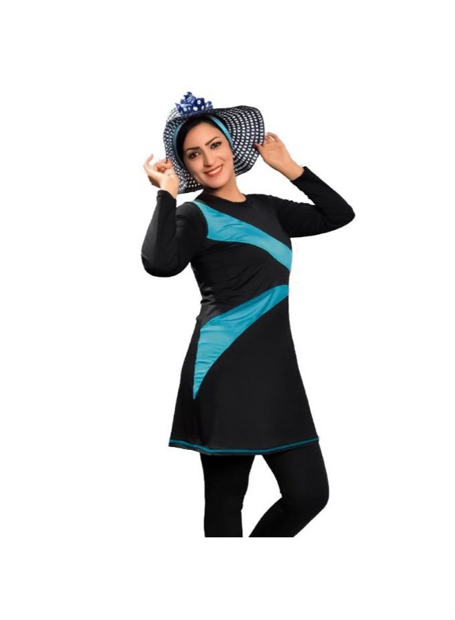 Women's swimsuit, 3 pieces, vest and jumpsuit with sleeves and bonnet