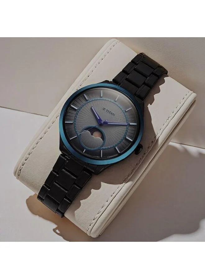تيتان Stellar Caelum Quartz Analog Sun Moon Phase Grey Dial Gunmetal Grey Stainless Steel Strap Watch for Men - 10028KM01