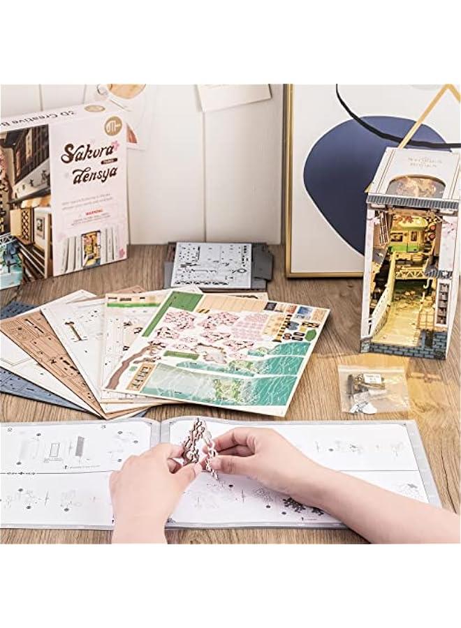 DIY Book Nook Kit 3D Wooden Puzzle for Adults 8.7 Bookshelf Indert Decor with LED Miniature Dollhouse Kit Bookend Crafts Diorama Hobbies Gifts for Boys Girls (Sakura Densya) - Image 5