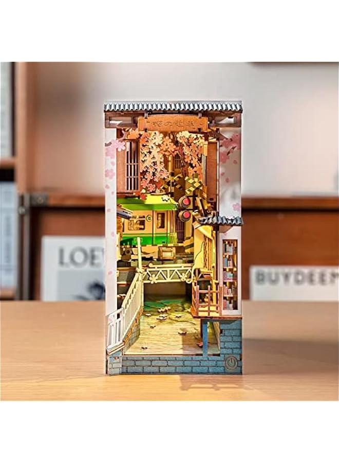 DIY Book Nook Kit 3D Wooden Puzzle for Adults 8.7 Bookshelf Indert Decor with LED Miniature Dollhouse Kit Bookend Crafts Diorama Hobbies Gifts for Boys Girls (Sakura Densya) - Image 2