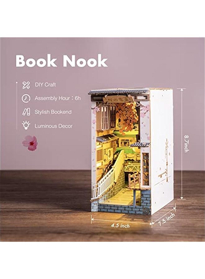 DIY Book Nook Kit 3D Wooden Puzzle for Adults 8.7 Bookshelf Indert Decor with LED Miniature Dollhouse Kit Bookend Crafts Diorama Hobbies Gifts for Boys Girls (Sakura Densya) - Image 4