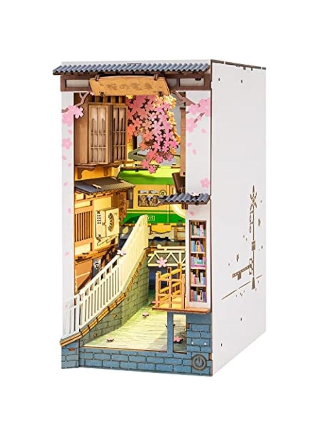 DIY Book Nook Kit 3D Wooden Puzzle for Adults 8.7 Bookshelf Indert Decor with LED Miniature Dollhouse Kit Bookend Crafts Diorama Hobbies Gifts for Boys Girls (Sakura Densya) - Image 1