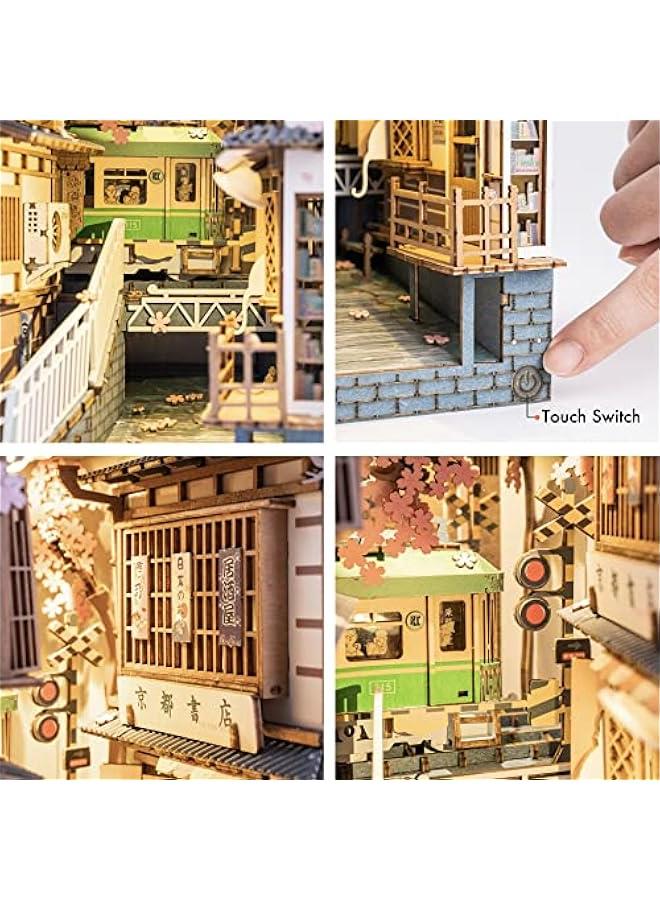 DIY Book Nook Kit 3D Wooden Puzzle for Adults 8.7 Bookshelf Indert Decor with LED Miniature Dollhouse Kit Bookend Crafts Diorama Hobbies Gifts for Boys Girls (Sakura Densya) - Image 3
