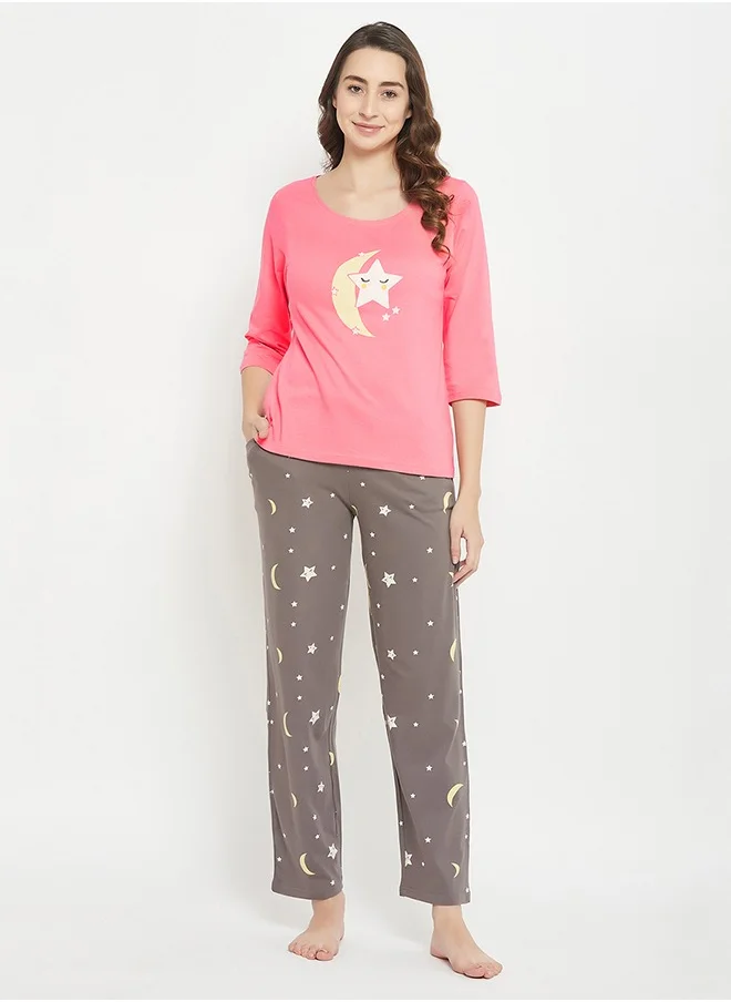 كلوفيا Clovia Star & Moon Print Top in Rose Pink & Pyjama in Light Grey - 100% Cotton