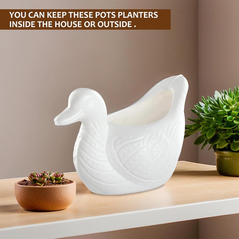 Kuber Industries 2 Pcs Plastic Duck Shape Small Plant Pot for Home Decor and Office Desk | Decorative Table Flower Pot for Living Room | Planters Garden Decoration Items | White - Image 4