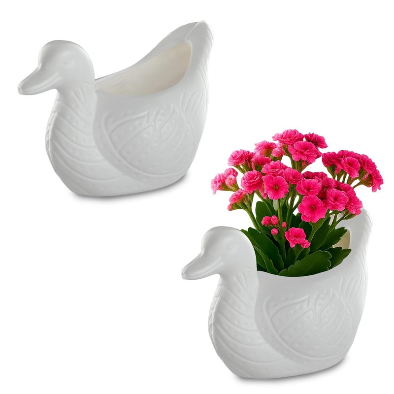 Kuber Industries 2 Pcs Plastic Duck Shape Small Plant Pot for Home Decor and Office Desk | Decorative Table Flower Pot for Living Room | Planters Garden Decoration Items | White - Image 1
