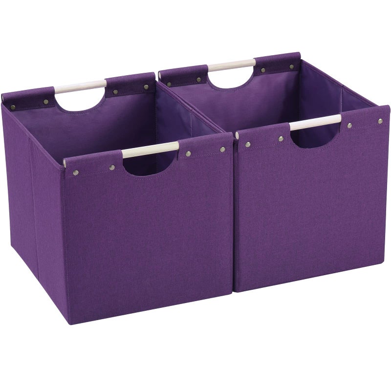 HOONEX Large Collapsible Storage Bins Linen Fabric Pack of 2 Storage Baskets with Wooden Carry Handles and Sturdy Heavy Cardboard for Home Office Car Nursery Dark Purple