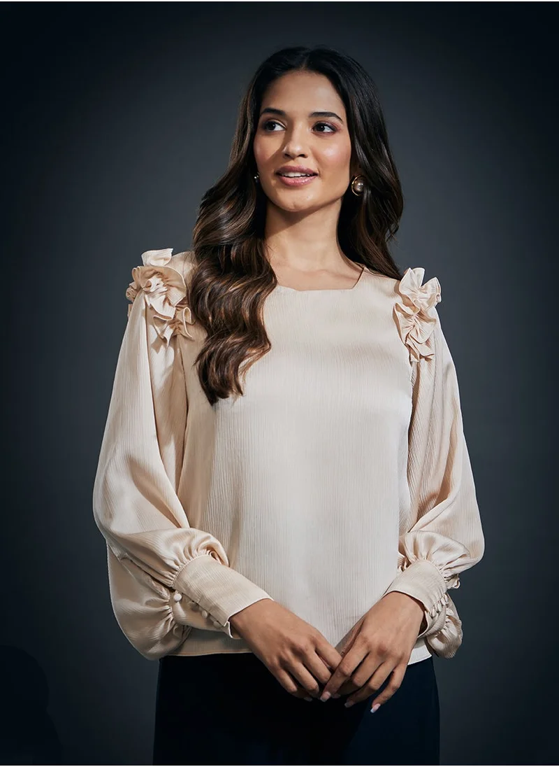 زجزاج Sleeve Detailed Shoulder Frilled Long Sleeve Top-Beige