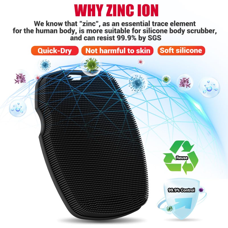 canroom Silicone Body Scrubber - Zinc Infused - Exfoliating Body Scrubber for Smooth Skin,Durable & Sustainable,Suitable for All Skin Types - Black - Image 4