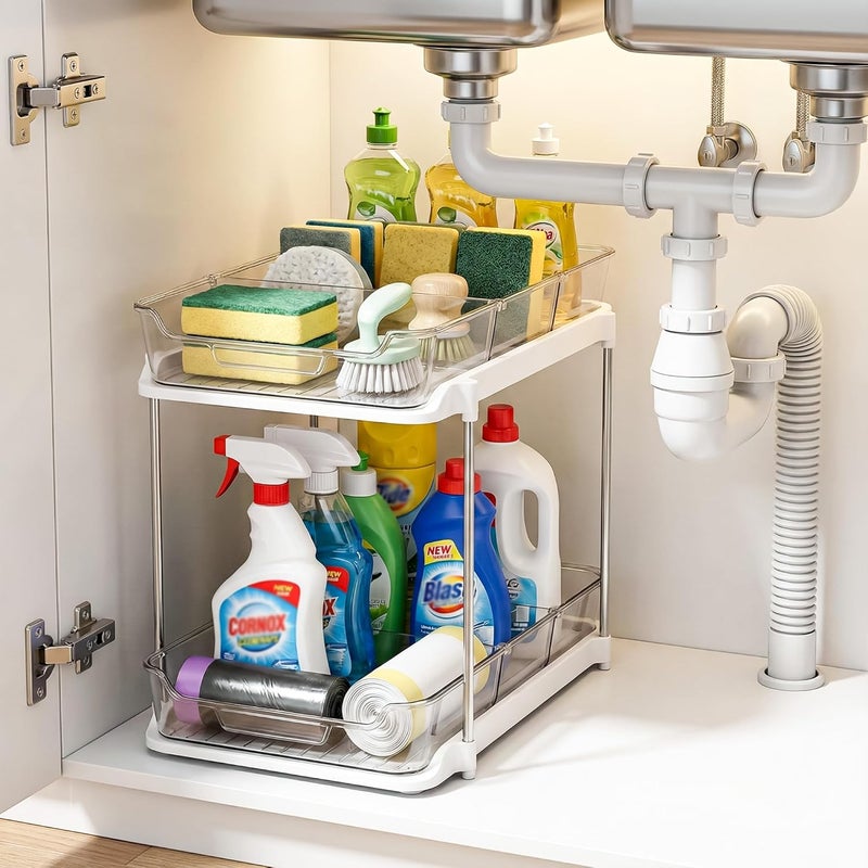 CLAPONE Bathroom Organizer Clear Under Sink Organizers Vanity Countertop Storage Container Cabinet Drawers Pull-Out Organization with Track for Pantry Kitchen (2 Tier With Compartment) - Image 1