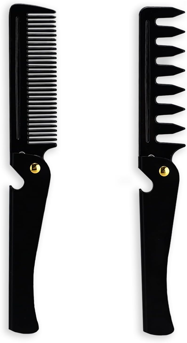 2Pcs Folding Beard Comb for Men Pocket Comb Travel Fine Tooth Wide Tooth Hair with Stainless Steel Cover for Styling Hair Beard or Mustache