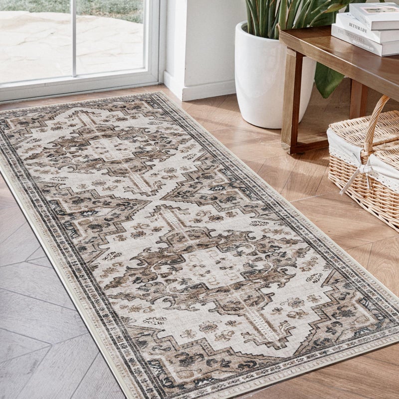 Joydeco Runner Rug 2x5 Non Slip Machine Washable Vintage Hallway Carpet Runner  Low Pile Lightweight Chenille Print Rugs for Entryway  Hallway  Bedroom  Kitchen and Corridor  Light Coffee - Image 1