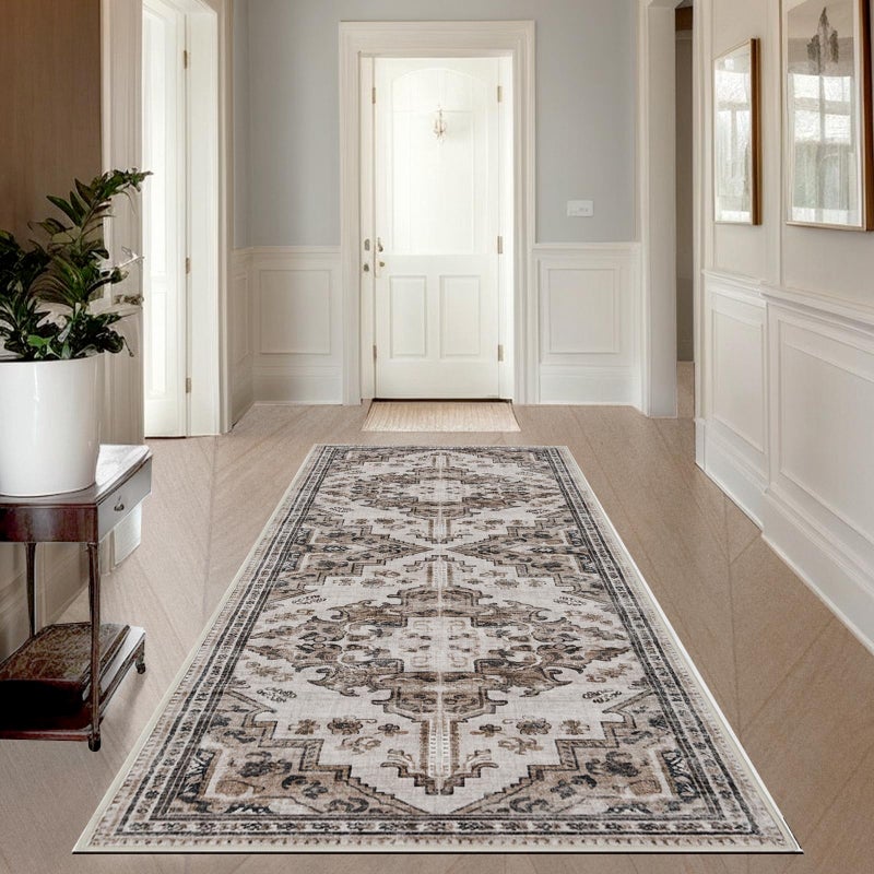Joydeco Runner Rug 2x5 Non Slip Machine Washable Vintage Hallway Carpet Runner  Low Pile Lightweight Chenille Print Rugs for Entryway  Hallway  Bedroom  Kitchen and Corridor  Light Coffee - Image 3