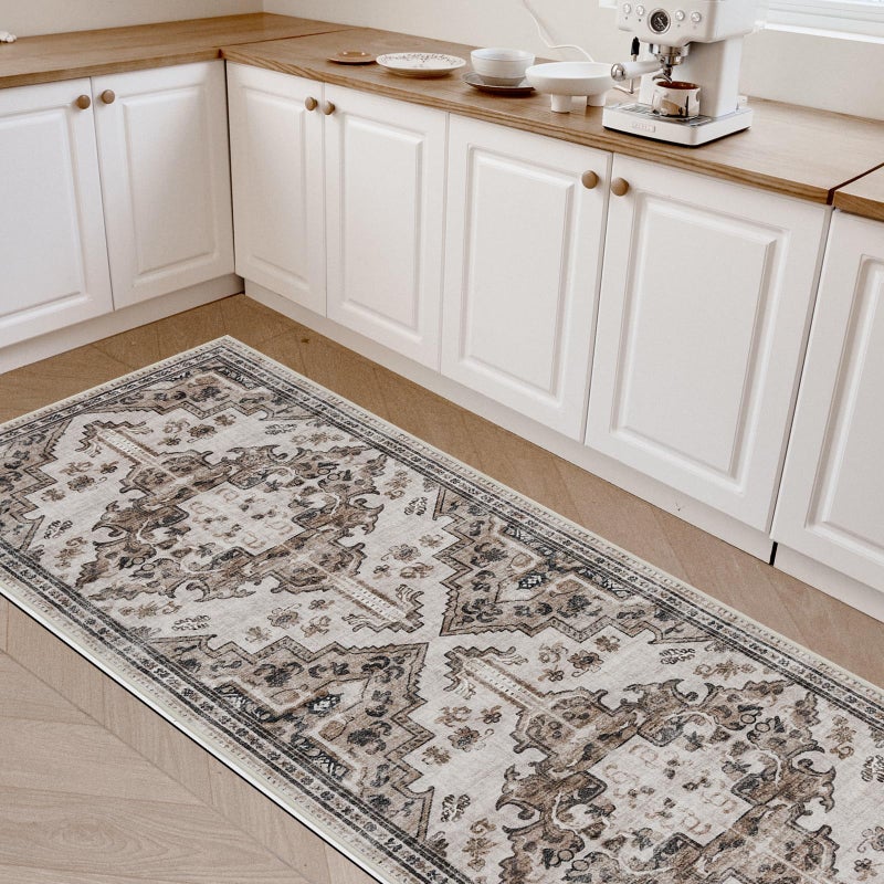 Joydeco Runner Rug 2x5 Non Slip Machine Washable Vintage Hallway Carpet Runner  Low Pile Lightweight Chenille Print Rugs for Entryway  Hallway  Bedroom  Kitchen and Corridor  Light Coffee - Image 2