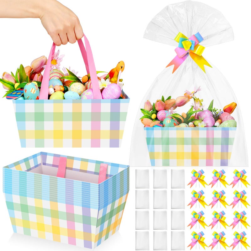 Skyygemm 12 Pcs Easter Basket for Gifts Empty 9.8 x 6.5'' Colorful Gift Basket with Handles, Bows, Plastic Bags and Twist Ties to Fill for Spring Easter Wedding Birthday Goodies Stuffer, Party Favors - Image 1